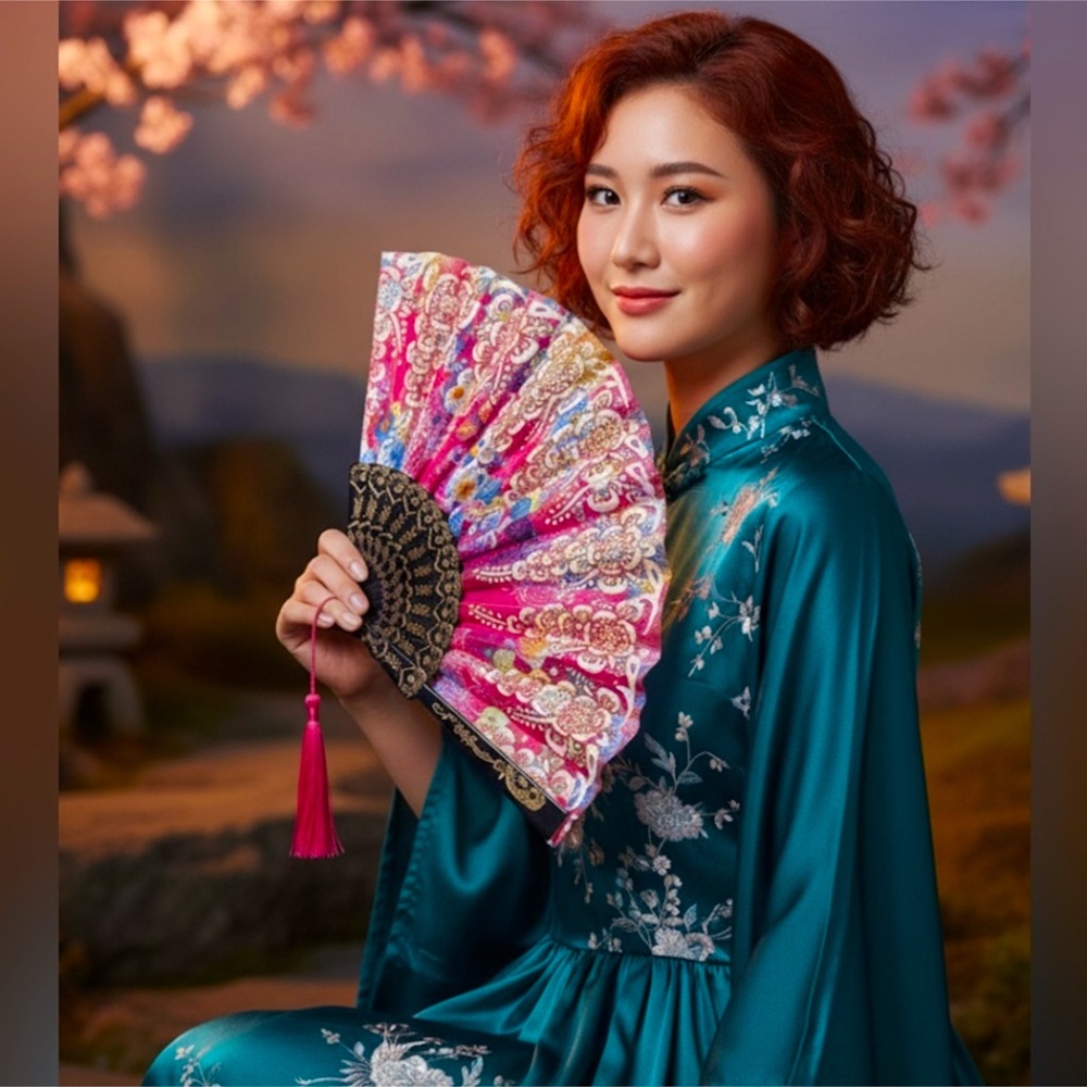 ✨Embroidered Pink Folding Hand Fan with Tassel
